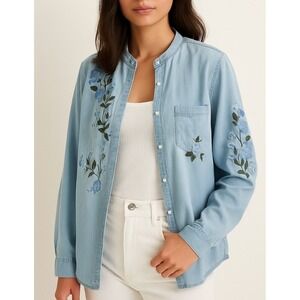 St Johns Bay Embroidered Denim Shirt MEDIUM Boho Vintage Button Up Long Sleeve